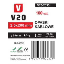 Opaski zaciskowe kablowe V20 200 x 2,5 100 sztuk