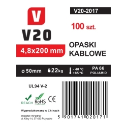 Opaski zaciskowe kablowe V20 200 x 4,8 100 sztuk