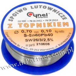 Cyna 0,7mm 0,10kg z topnikiem Cynel Sn60Pb40